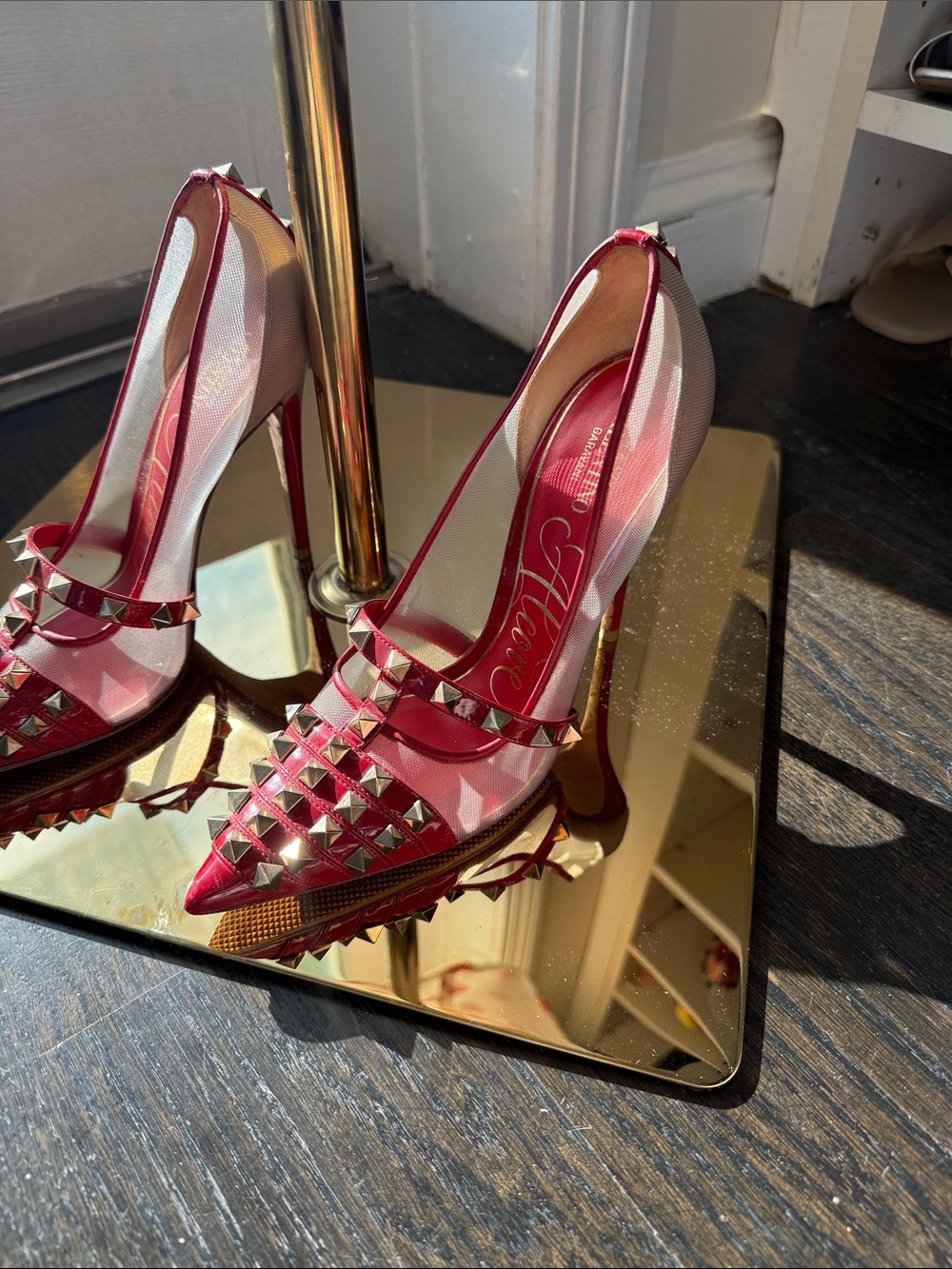 Valentino Garavani red and Gold Studded Pointed-Toe Flats - Picture 9 of 13